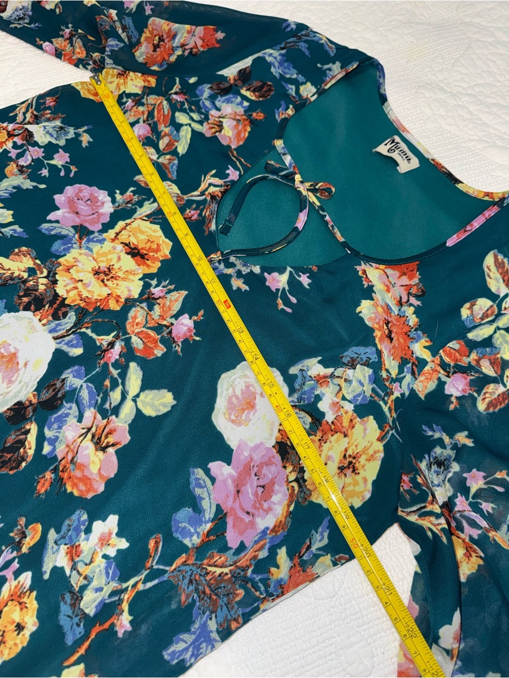 Show Me Your Mumu teal floral print bell sleeve top with tie neck detail - Picture 9 of 9